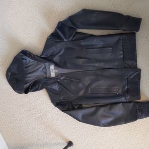 Blink black leather bomber jacket with hood